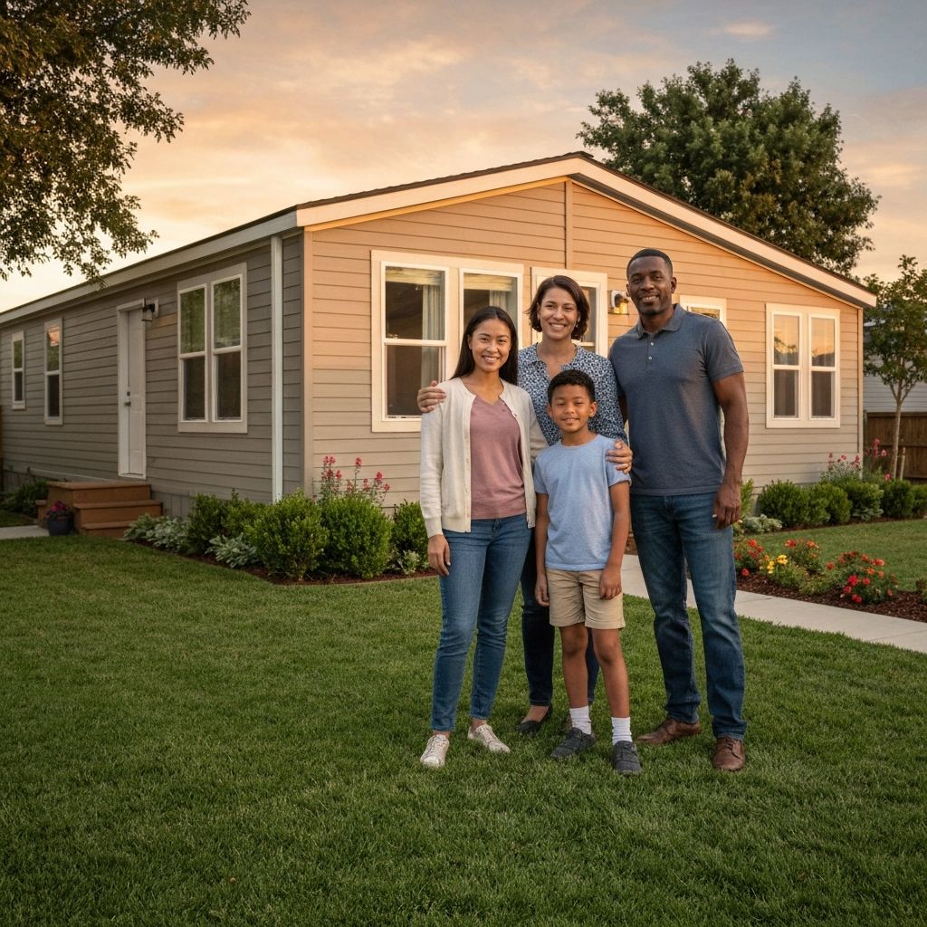 Happy family in front of their new manufactured home
