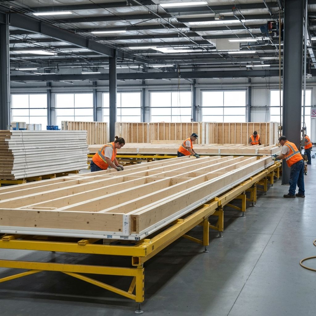 Manufactured home being constructed in factory with precision equipment